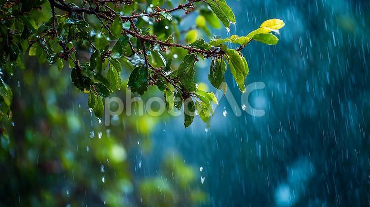 雨上がりの森の葉 雨,葉,緑の写真素材