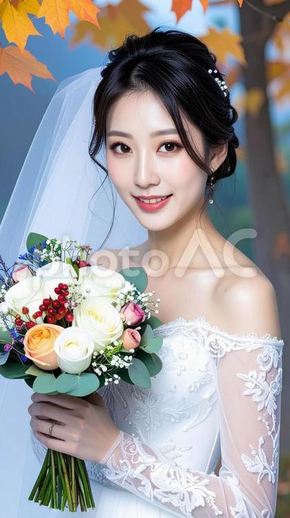 秋のウェデイングドレス姿の花嫁　ブーケ 花嫁,ウェディング,ウェディングドレスの写真素材