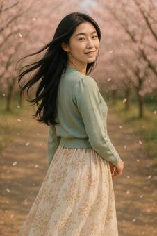 桜並木で振り返る女性(花柄スカート) 桜並木で振り返る女性(花柄スカート)の写真