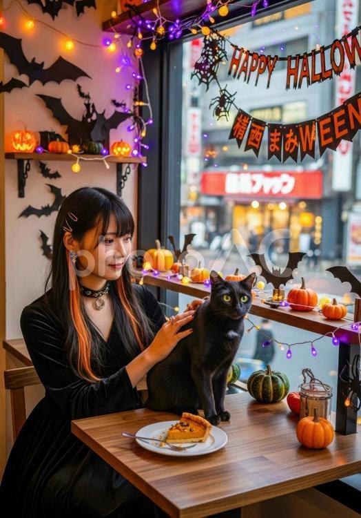ハロウィンの猫カフェで黒猫を撫でる女性 黒猫,女性,カフェの写真素材