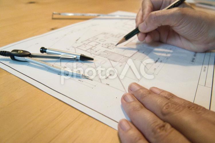 新築注文住宅の間取図を作成中 設計図,間取り図,計画の写真素材