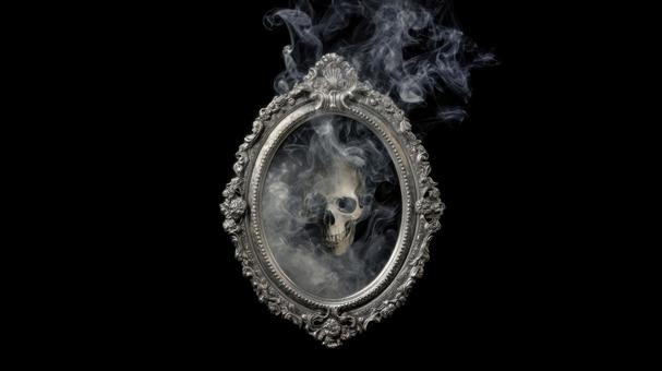 アンティークな鏡に浮かぶ骸骨の写真