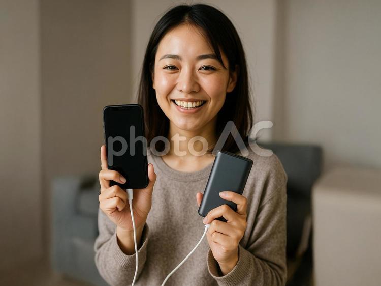 スマホを手にした笑顔の女性 女性,スマホ,スマートフォンの写真素材