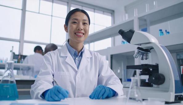 研究所で実験をする女性の研究者 研究所で実験をする女性の研究者の写真
