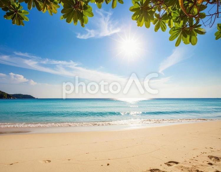 砂浜と青空と太陽の写真素材 夏,オーシャン,波の写真素材