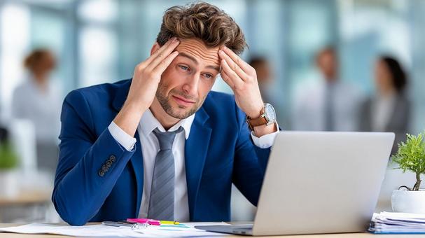 オフィスのストレス:解決策を模索する男性 オフィスのストレス:解決策を模索する男性の写真