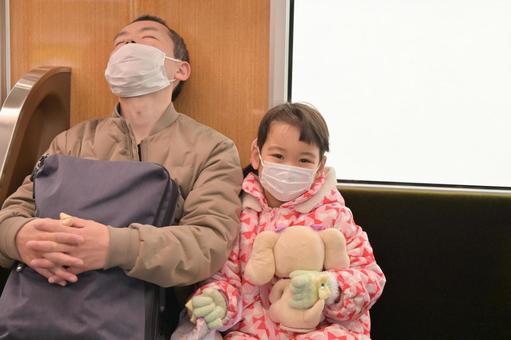 父女戴著口罩乘坐火車 父女戴著口罩乘坐火車