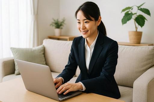 在宅ワークするスーツ姿の女性とノートPC 在宅ワークするスーツ姿の女性とノートPCの写真