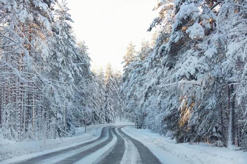 北欧 冬の車道  雪道,路面凍結,アイスバーンの写真素材