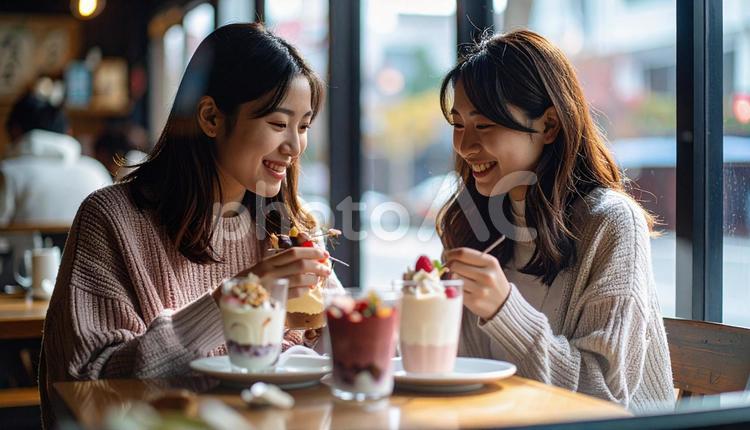 カフェでパフェを食べる女友達 女友達,食事,パフェの写真素材