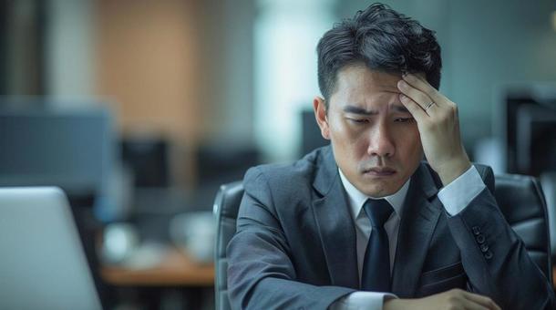 困っている　ビジネスマン　男性　スーツの写真