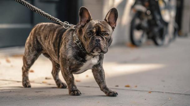 街中を歩くフレブル犬・フレンチブルドッグ 街中を歩くフレブル犬・フレンチブルドッグの写真