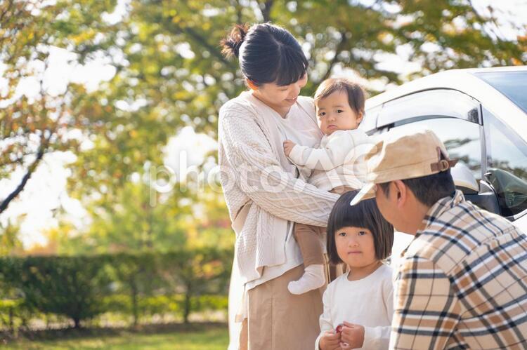 車で旅行する家族・ファミリー 家族旅行,車,ドライブの写真素材