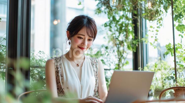 緑豊かなカフェでノートPCを使用する女性 カフェ,女性,緑の写真素材