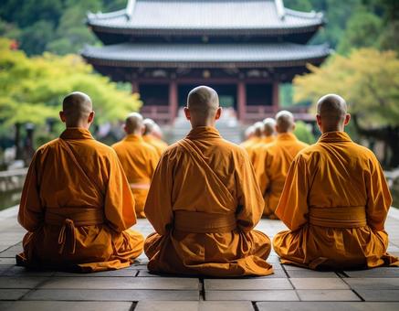 寺で修行する僧侶の後ろ姿の写真