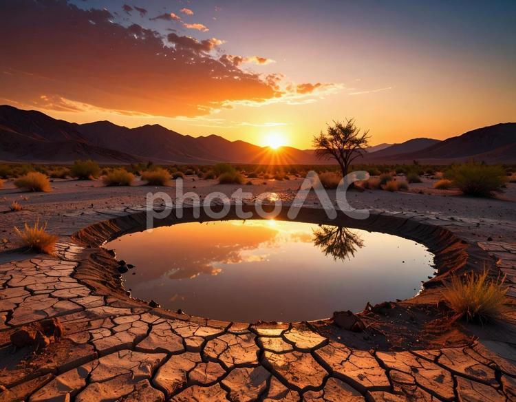 干ばつ　大地　池 大地,土,ヒビ割れの写真素材