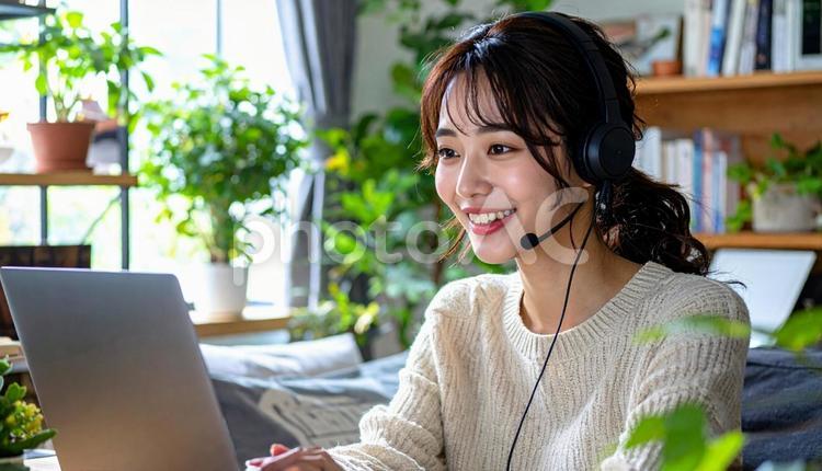 笑顔でリモートワークをするビジネス女性 女性,オンライン,ミーティングの写真素材