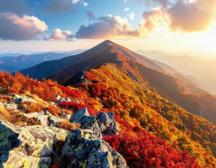 紅葉を迎えた山頂の景色 紅葉を迎えた山頂の景色の写真