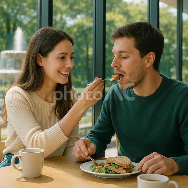 カフェで男性に食べ物を食べさせる女性 昼間,カフェ,カップルの写真素材