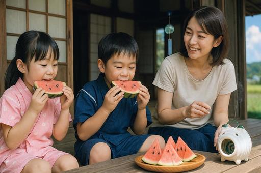 縁側でスイカを食べる家族 縁側でスイカを食べる家族の写真
