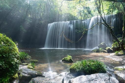 熊本県　夏の鍋ヶ滝と光芒 熊本県,熊本,絶景の写真素材
