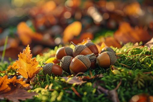 森の中の苔の上に落ちたどんぐりと落ち葉の写真