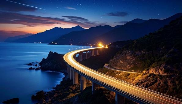 海岸沿いの道路の夜景の写真