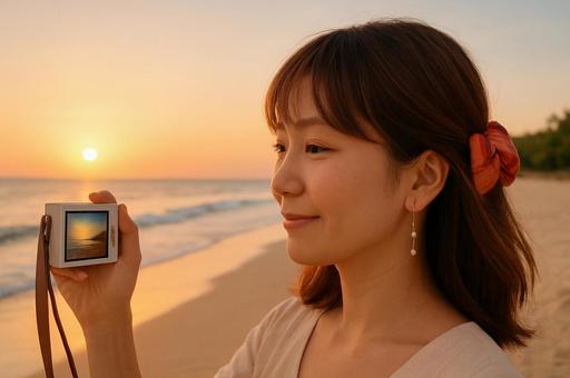 夕焼けを撮る女性 夕焼けを撮る女性の写真