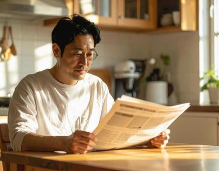 Man reading a newspaper in the morning light, news, japanese men, morning, JPG