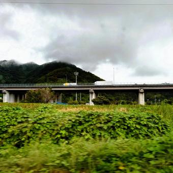 雨の東名高速道路 霧にむせぶ山 雨の東名高速道路 霧にむせぶ山 高速道路,トラック,跨道橋の写真素材
