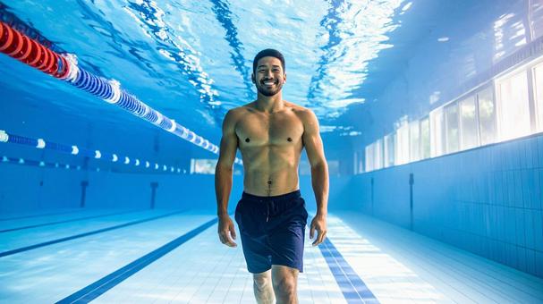 完全に水に浸かって歩く男性B 完全に水に浸かって歩く男性Bの写真