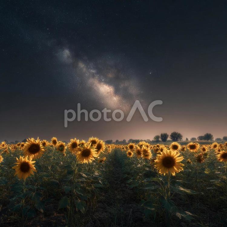 天の川が広がる夜空と、夏のひまわりの絶景 ひまわり,花畑,夜空の写真素材
