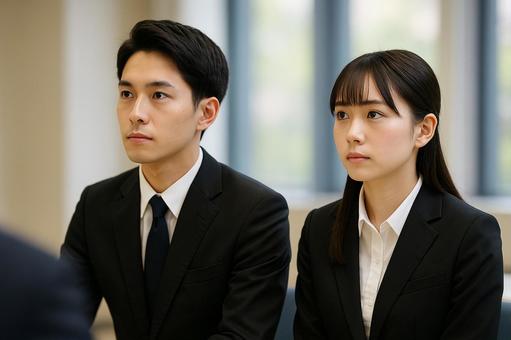 面接会場で話を聞く就活生 面接会場で話を聞く就活生の写真