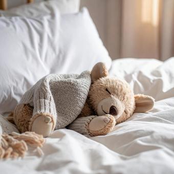 毛布をかけて眠るクマのぬいぐるみ 毛布をかけて眠るクマのぬいぐるみの写真
