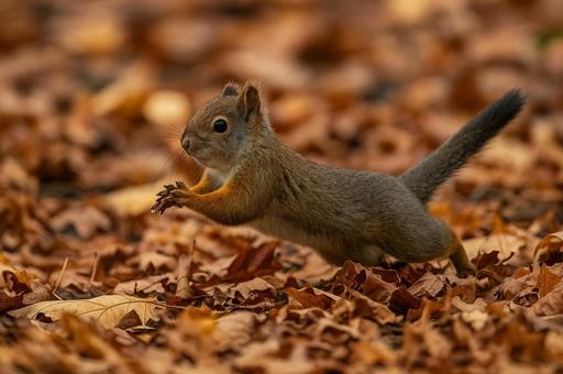落ち葉の中を走るリスの写真