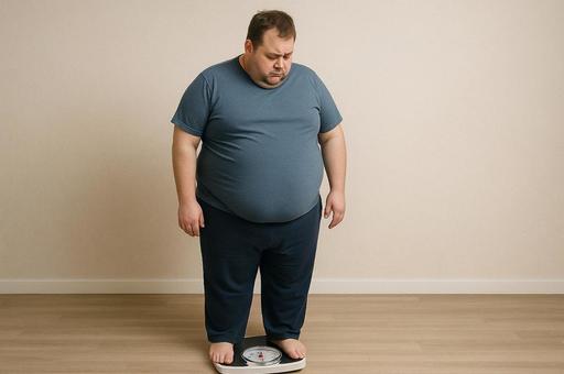 体重計に乗って体型を見つめる男性 体重計に乗って体型を見つめる男性の写真