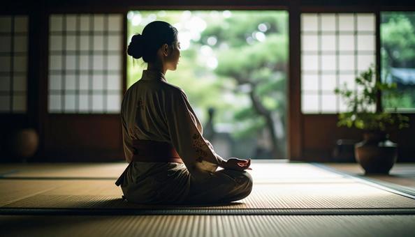 部屋で深呼吸する若い女性  部屋で深呼吸する若い女性の写真