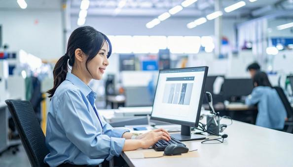 工場の三次元測定機を使う作業服の女性 工場の三次元測定機を使う作業服の女性の写真