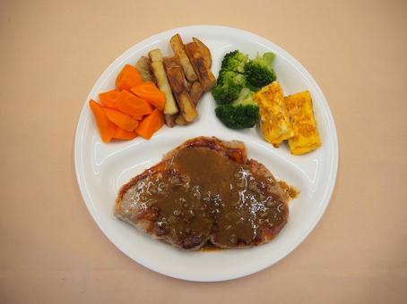 Photo, thick slice, pork steak, wasabi, 