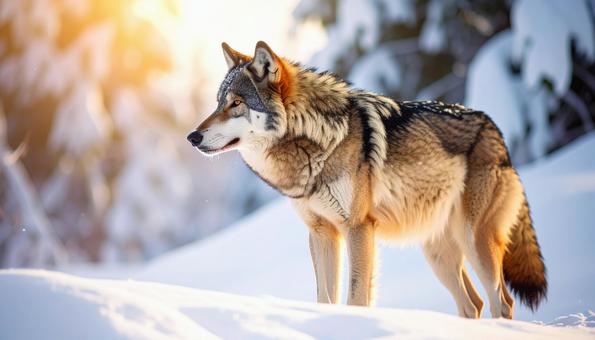 雪の中のオオカミ　一匹　針葉樹の森の写真