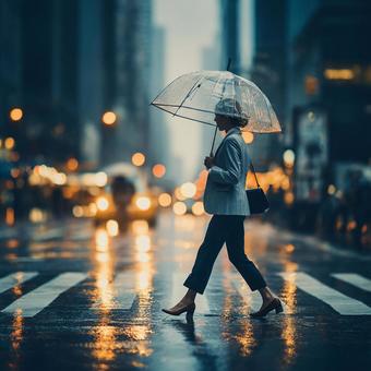 都会の雨の中を歩く女性ビジネスパーソン 都会の雨の中を歩く女性ビジネスパーソンの写真