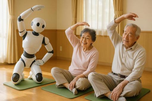 体操をするシニアとロボット 体操をするシニアとロボットの写真
