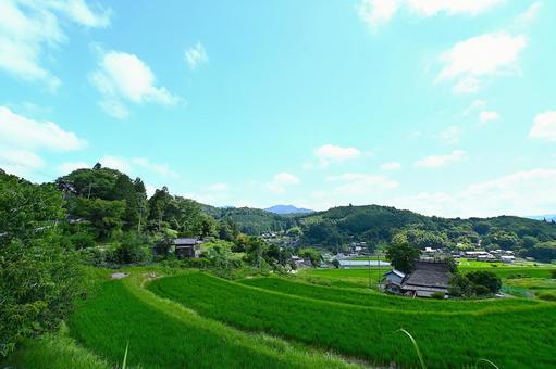青空と美しい棚田の風景 棚田,里山,原風景の写真素材