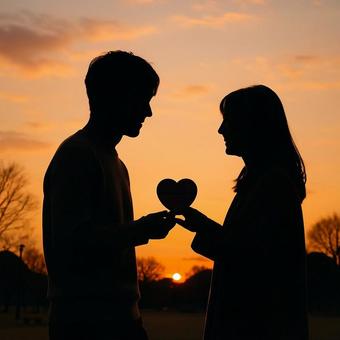 夕暮れの公園でチョコを渡す女性 夕暮れの公園でチョコを渡す女性の写真