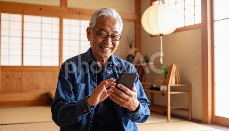 和室でスマホを操作する笑顔の高齢男性 人物,男性,日本人の写真素材