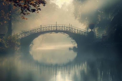 朝靄の橋と水面の風景 朝靄の橋と水面の風景の写真