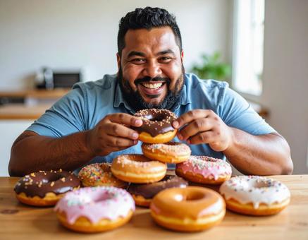 ドーナツを食べる太った男性 ドーナツを食べる太った男性の写真