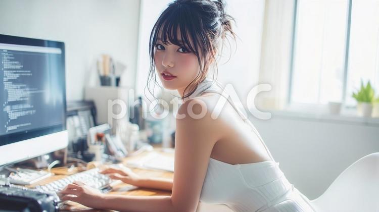 PCで仕事をするクリエイターの若い女性 女性,プログラマー,プログラムコードの写真素材