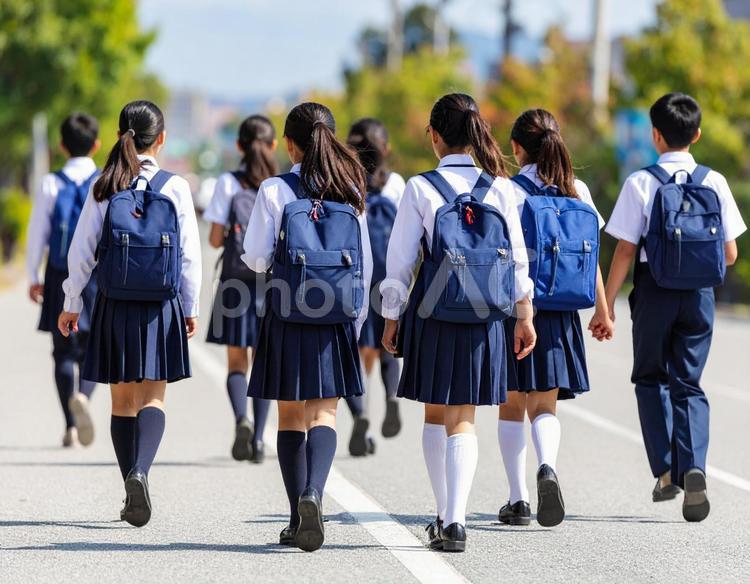 通学中の子供達の後ろ姿 通学,子供,風景の写真素材