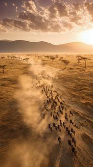 砂塵を巻き上げて移動する野生のヌーの群れ 砂塵を巻き上げて移動する野生のヌーの群れの写真